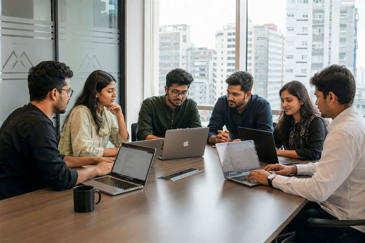 An Indian team working together around a conference table