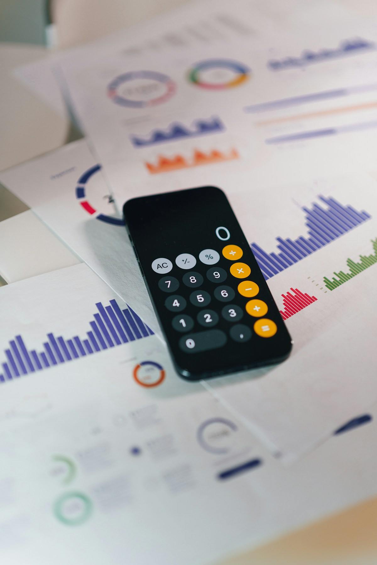 Calculator and financial charts on a desk